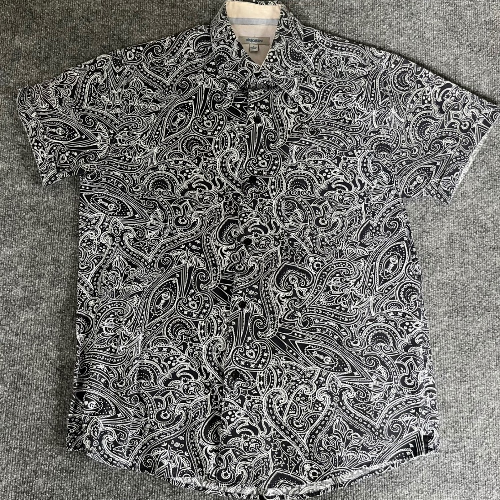 Oleg Cassini Mens Small Black White Paisley Short Sleeve Button Down Shirt S